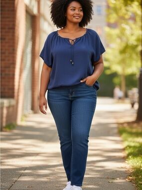 ADDITION ELLE plus size boho Women’s Navy Short-Sleeve Peasant Top size 18